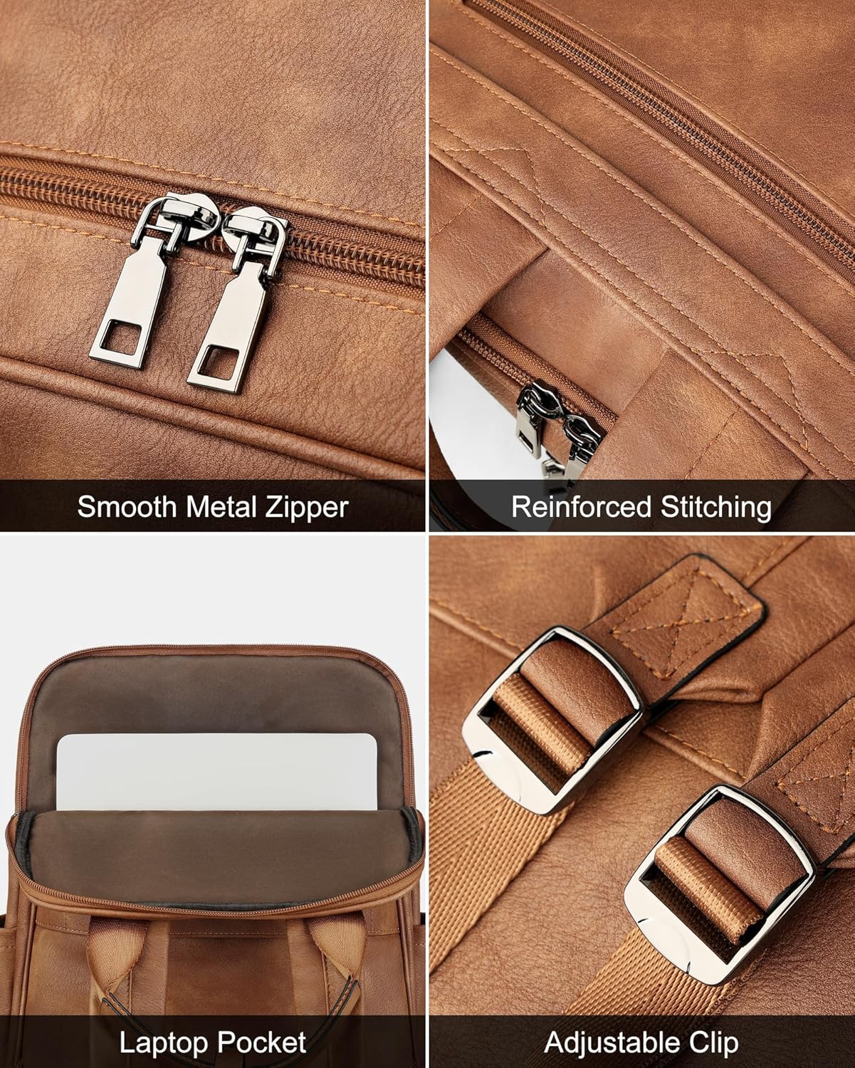 MASINTOR 15.6 inch Leather Laptop Backpack Purse for Women, Designer Travel and Work Bag with Laptop Compartment Mocha Brown
