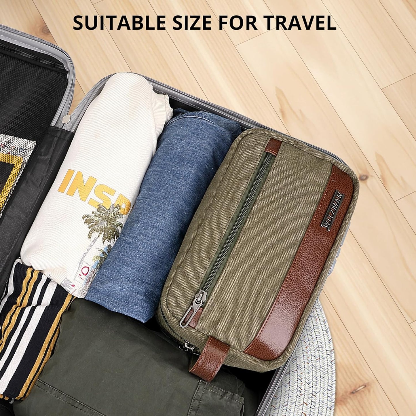 WITZMAN Canvas Toiletry Bag for Men Hanging Dopp Kit Organizer Water-resistant Travel Toiletries bag Men Bathroom Bag with Wet Pocket(A8001 Army Green)