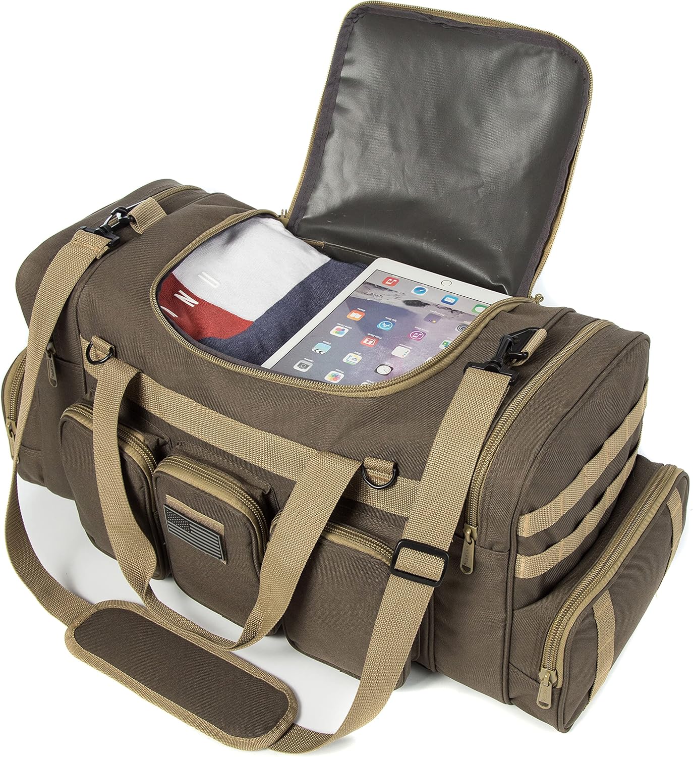 Tactical Range Duffel Heavy Duty Military Molle Gear Travel Sports Gym Bag Lockable Zippers with US Flag Patch (27 In Khaki)