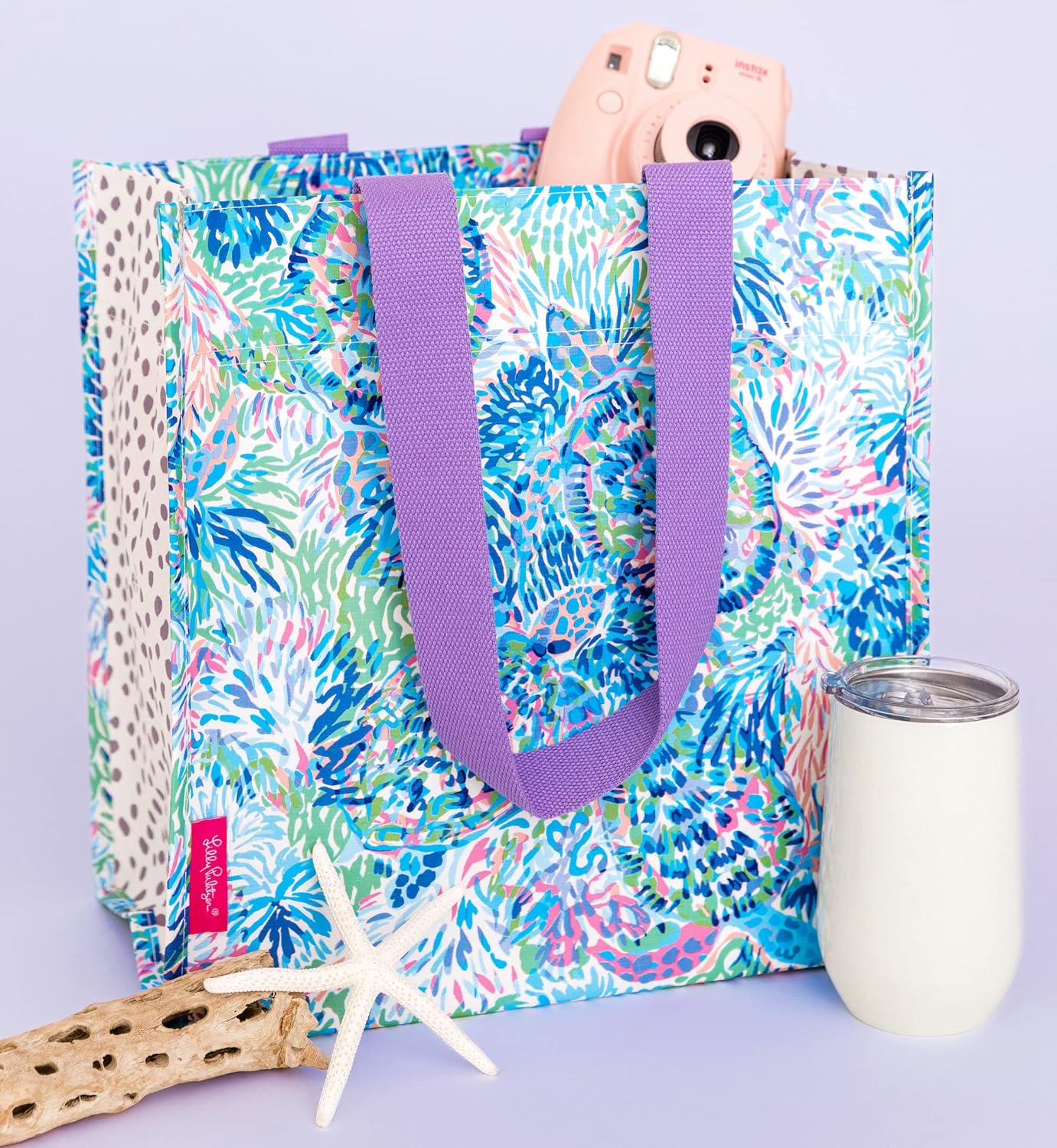 Lilly Pulitzer Purple/Blue Market Shopper Bag, Reusable Grocery Tote with Comfortable Shoulder Straps, Shell of a Party
