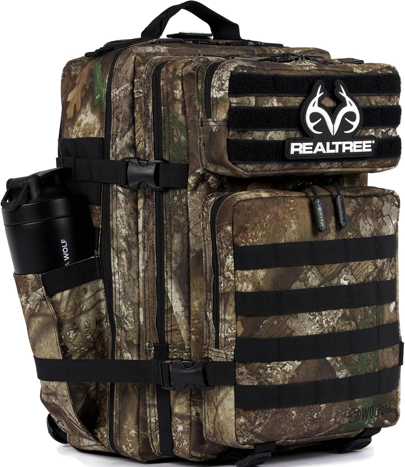 WOLFpak 45L Athletic Gym Backpack - Durable 1000D Waterproof Oxford Material with MOLLE Webbing, Laptop Pocket & Dual Cup Holders, Durable Fitness/Travel/Military Daypack (Realtree APX)
