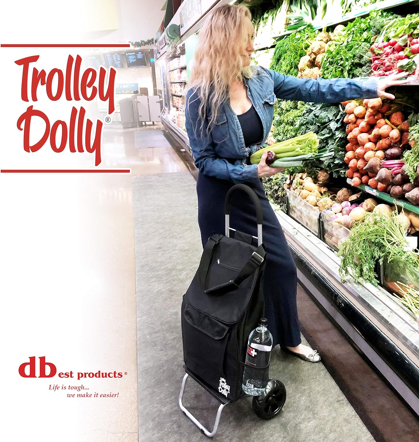 dbest products Trolley Dolly Black Foldable Shopping cart for Groceries with Wheels and Removable Bag and Rolling Personal Handtruck Standard