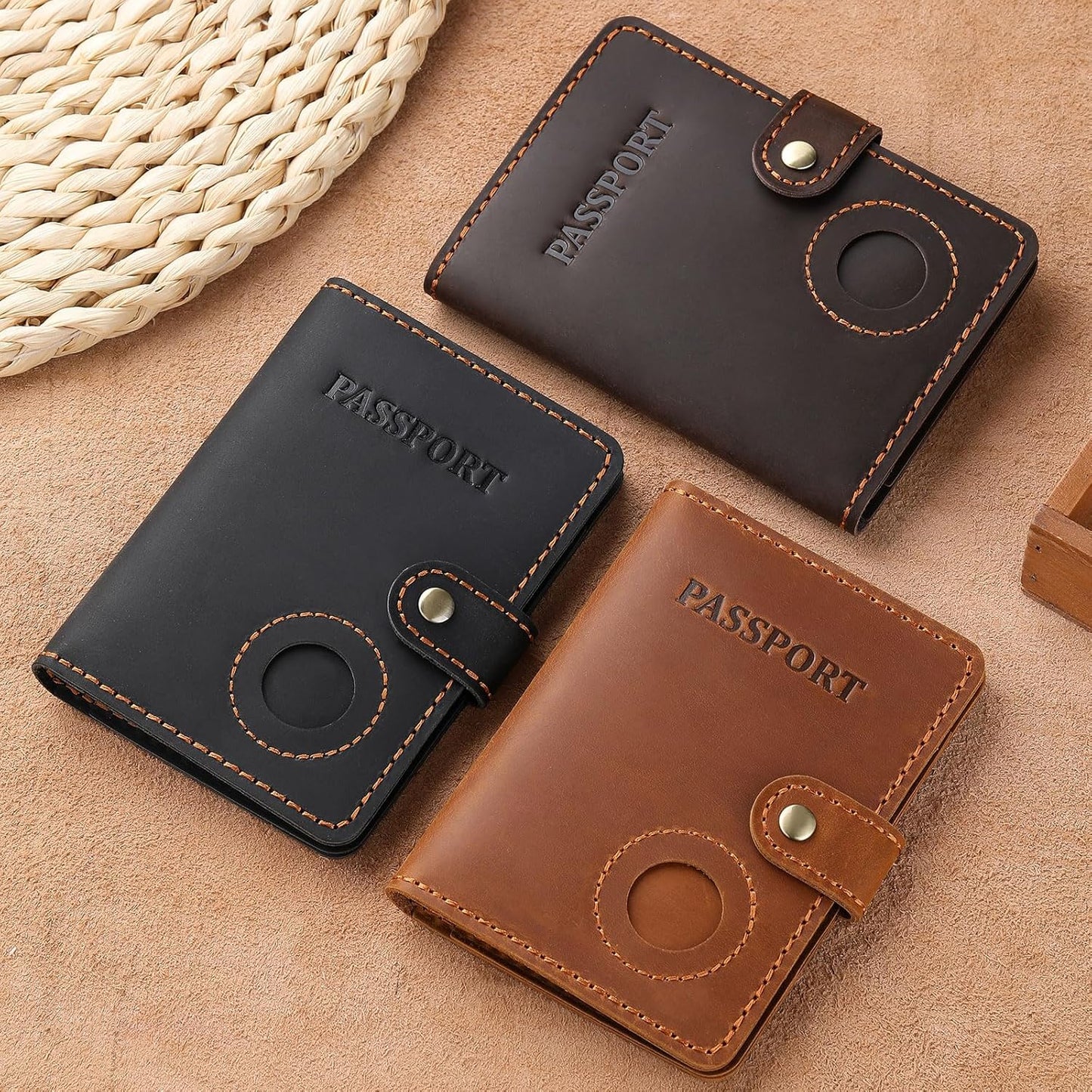 Full Grain Leather Passport Holder with AirTag, Travel Passport Wallet and Air Tag Cover for Men and Women, with 4 Card Holder