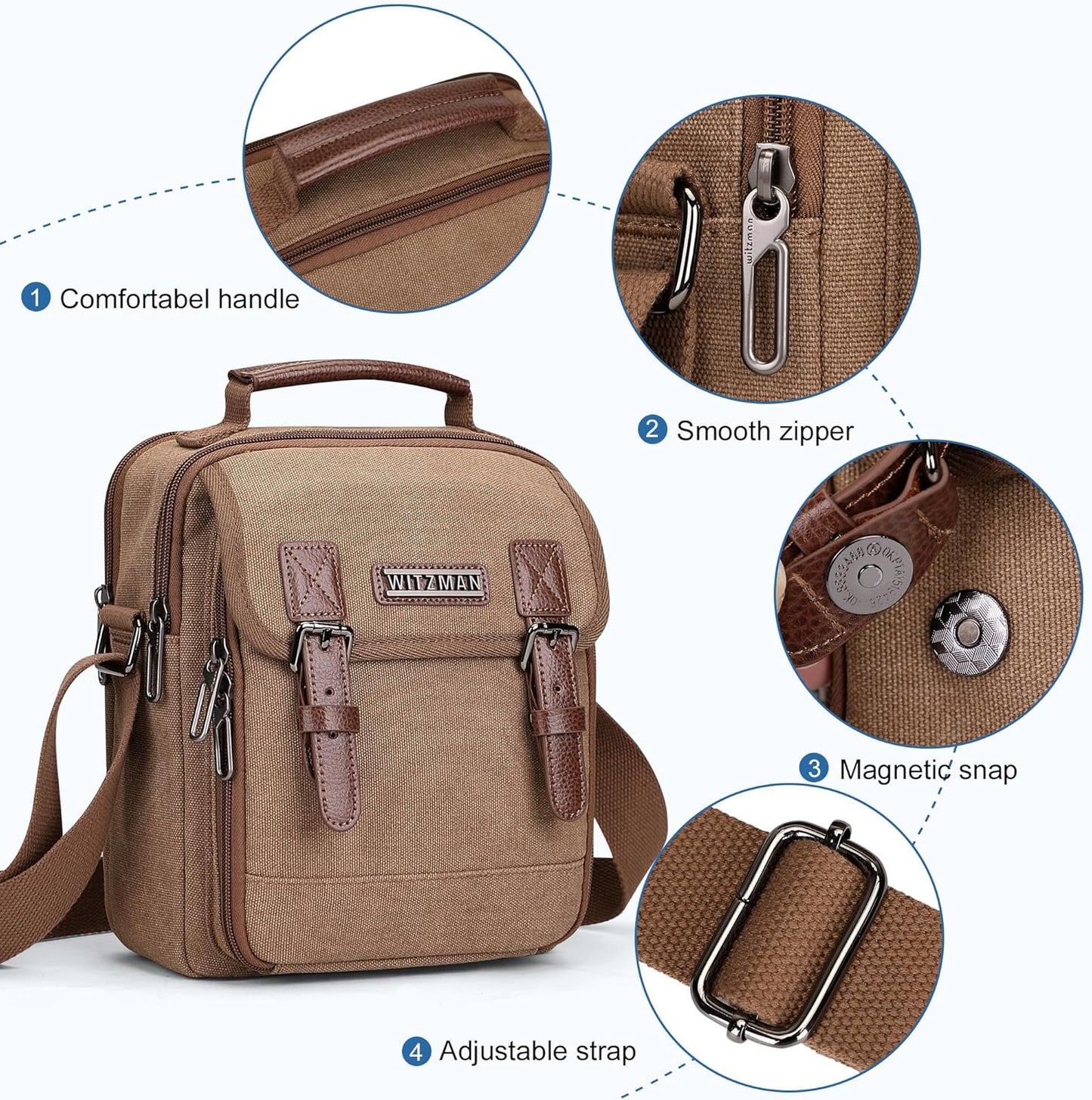 WITZMAN Canvas Small Messenger Bag for Men Crossbody Bag Multi-pocket Casual Shoulder Bag Travel Chest Bag