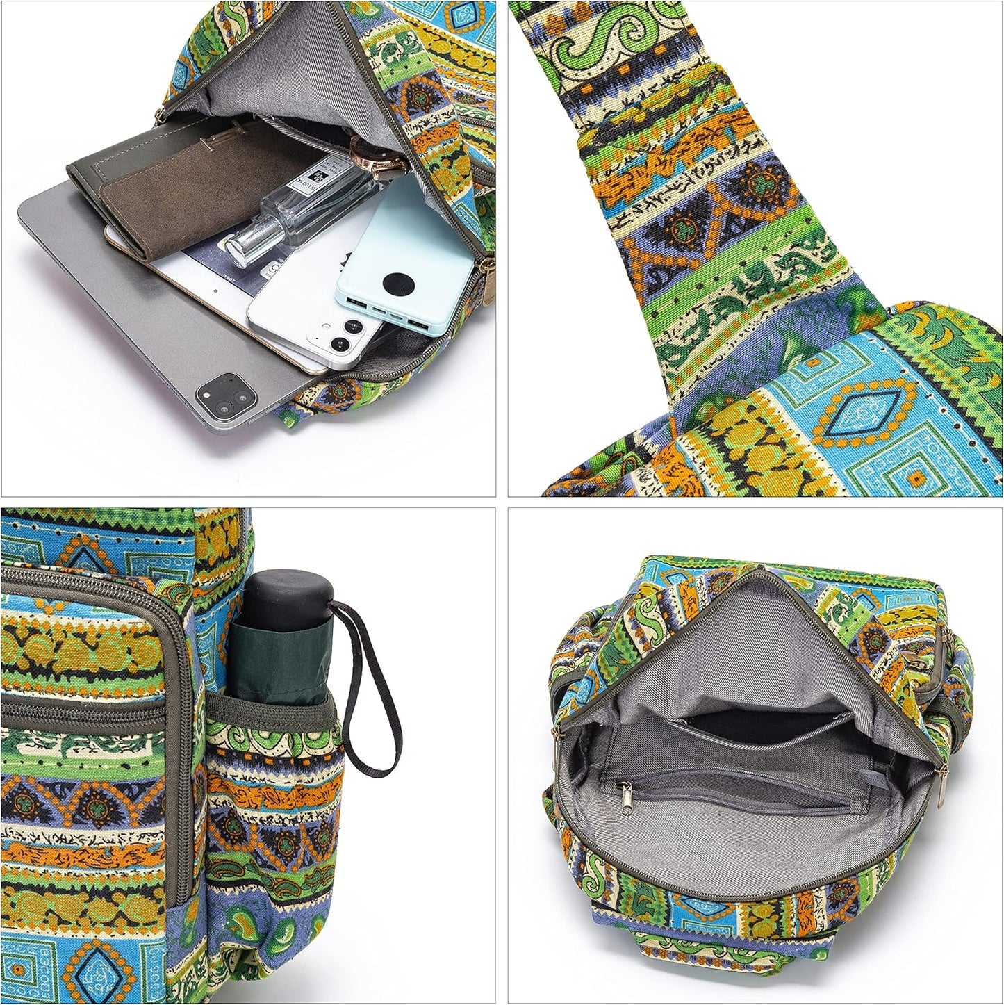 Women sling bag Elephant canvas large boho backpacks bohemian Crossbody Bag (green yellow)