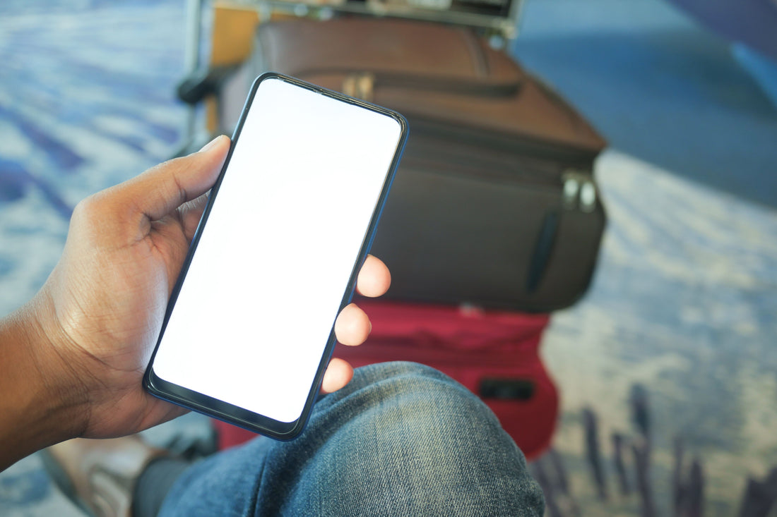 Traveler holding a phone next to a suitcase
