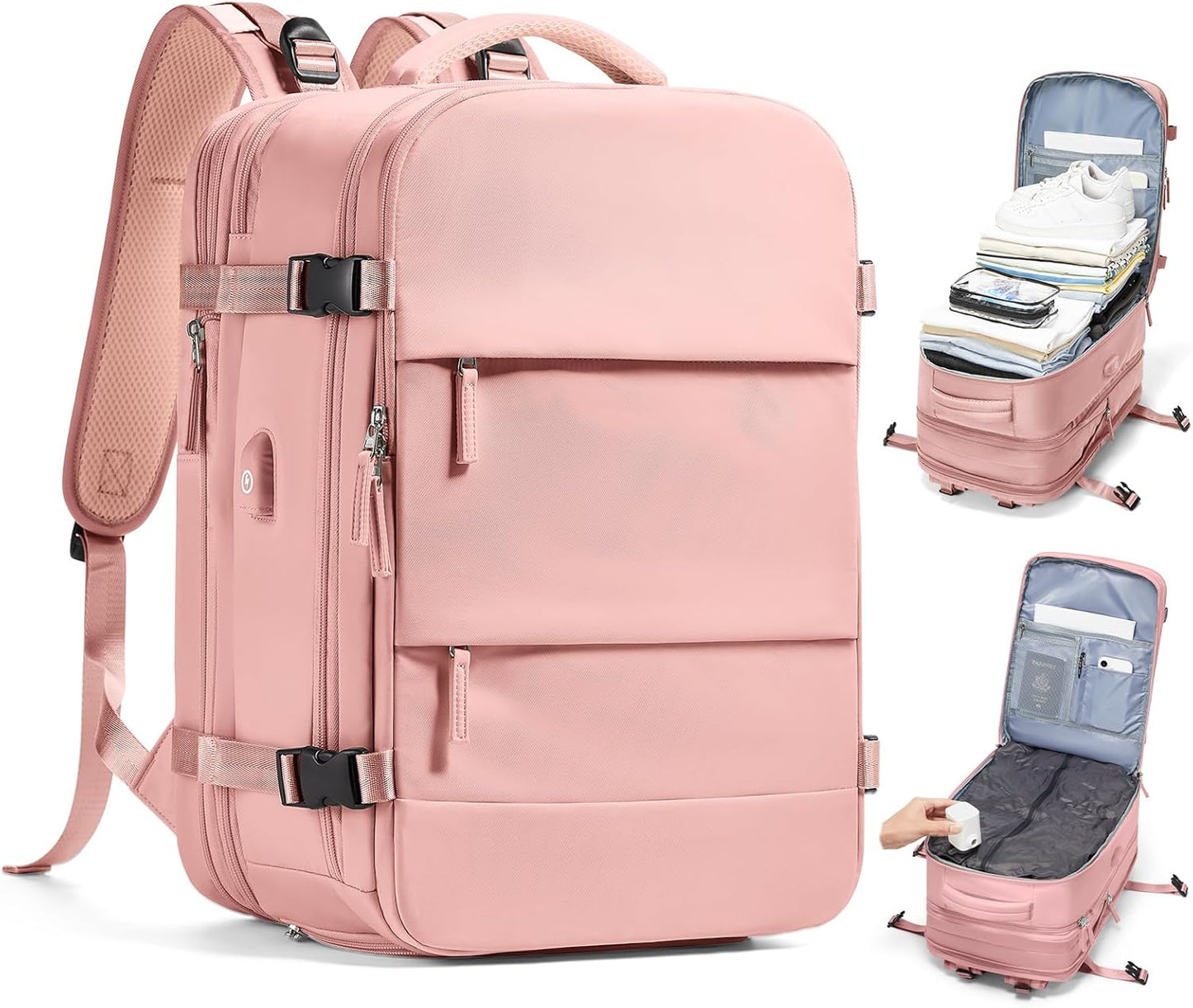Vacuum Compression Travel Backpack with Electric Pump, Expandable Carry-On Size, Airline Approved Under Seat Bag, Laptop Compartment & USB Charging, Pink