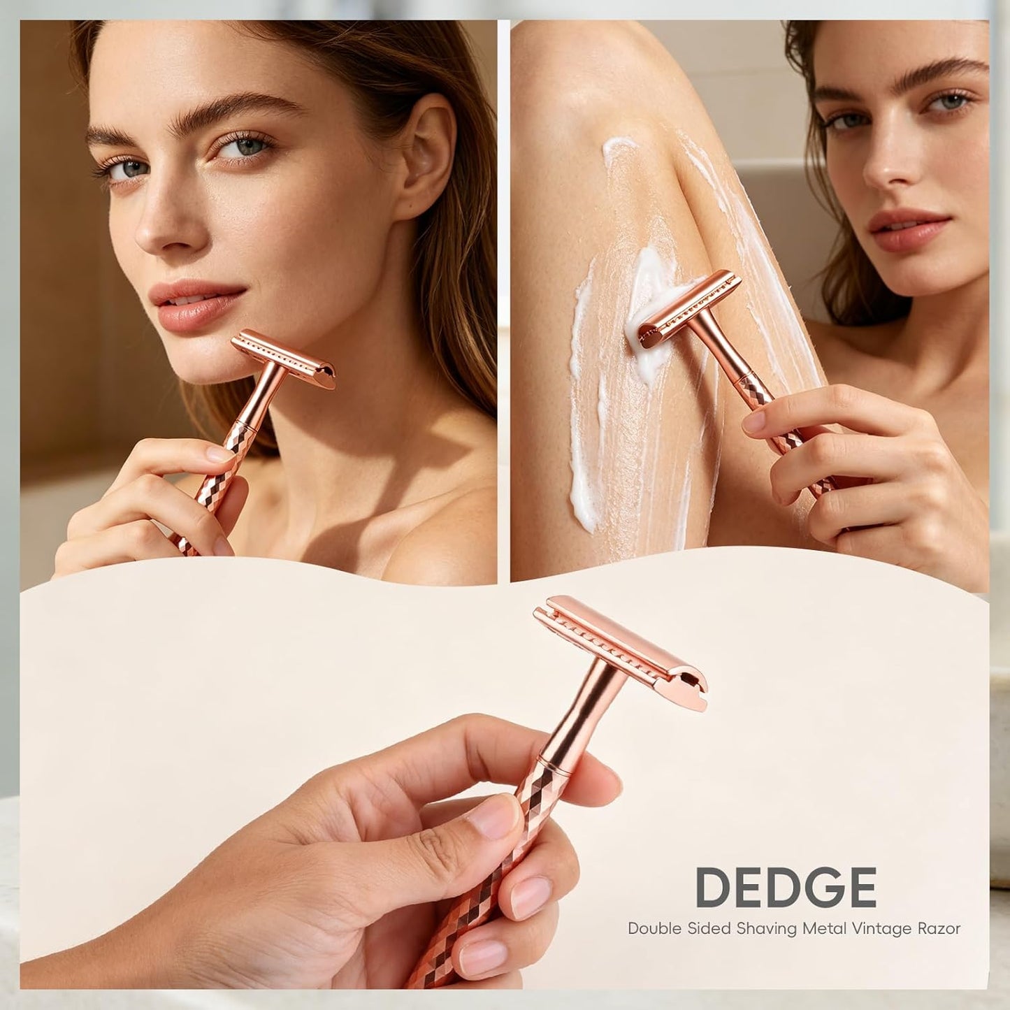 DEDGE Double Edge Eco Safety Razor Single Blade Razor for Women, Reusable Razor, with 5 Premium Razor Blades(Rose Gold)