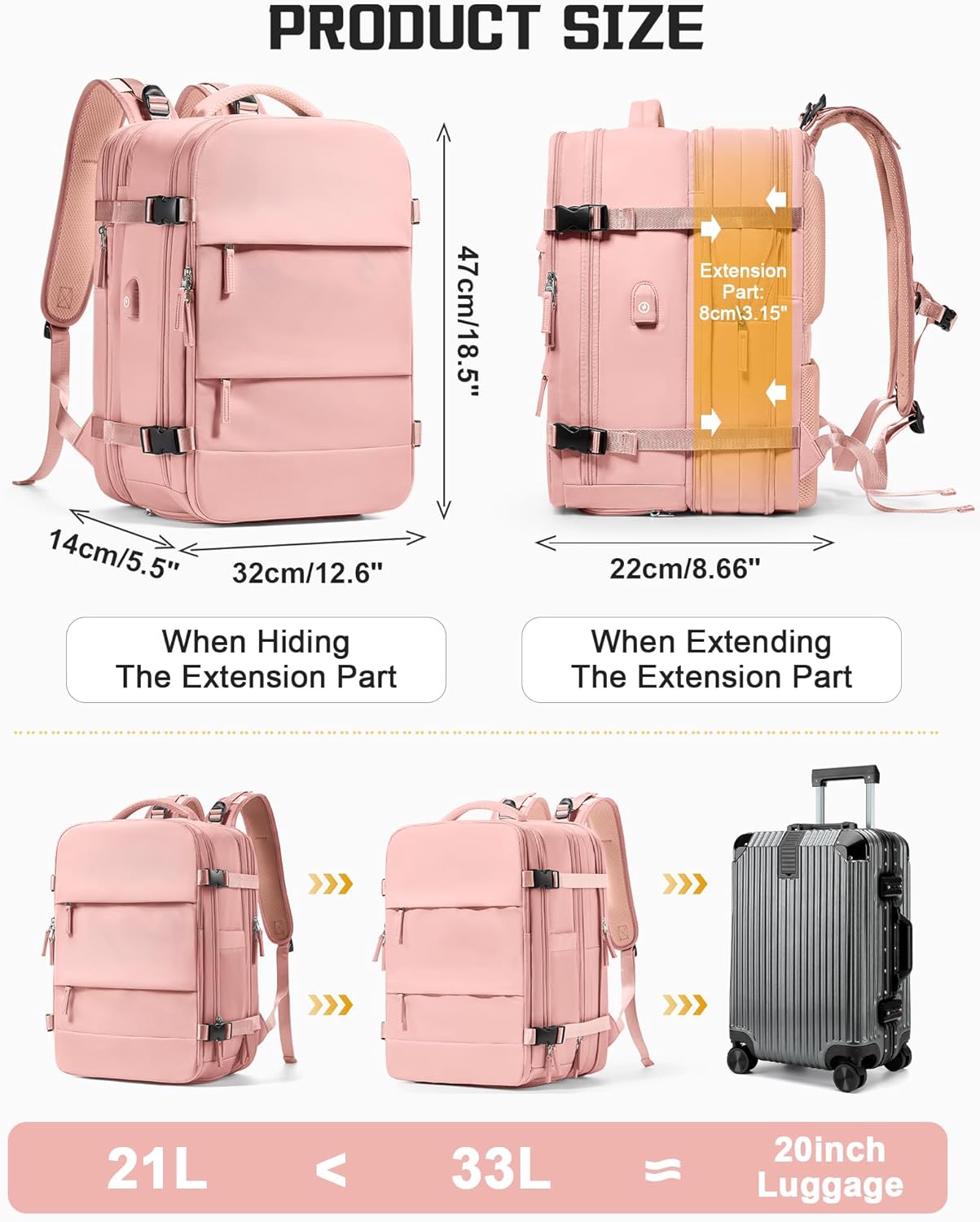 Vacuum Compression Travel Backpack with Electric Pump, Expandable Carry-On Size, Airline Approved Under Seat Bag, Laptop Compartment & USB Charging, Pink