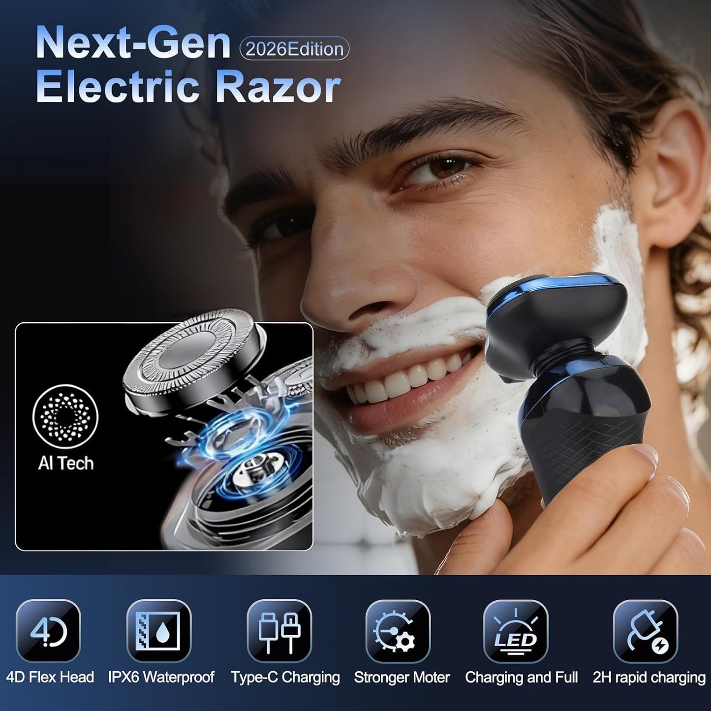 Electric Razor for Men, Cordless Rotary Electric Shaver, Rechargeable Wet & Dry Waterproof Floating Head Shaver, 4D Dual-Ring Face Shaving Grooming Tool, Travel Shaving Kit, Ideal Gift for Men