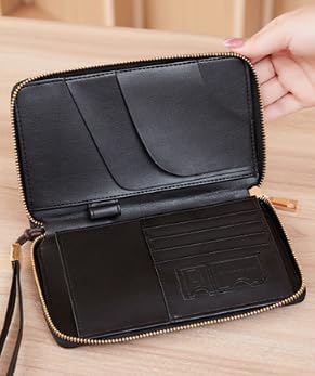 Unisex genuine leather wallet multifunctional RFID travel passport holder with protective cover (Black)