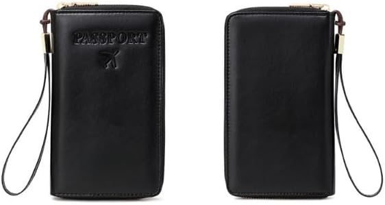 Unisex genuine leather wallet multifunctional RFID travel passport holder with protective cover (Black)