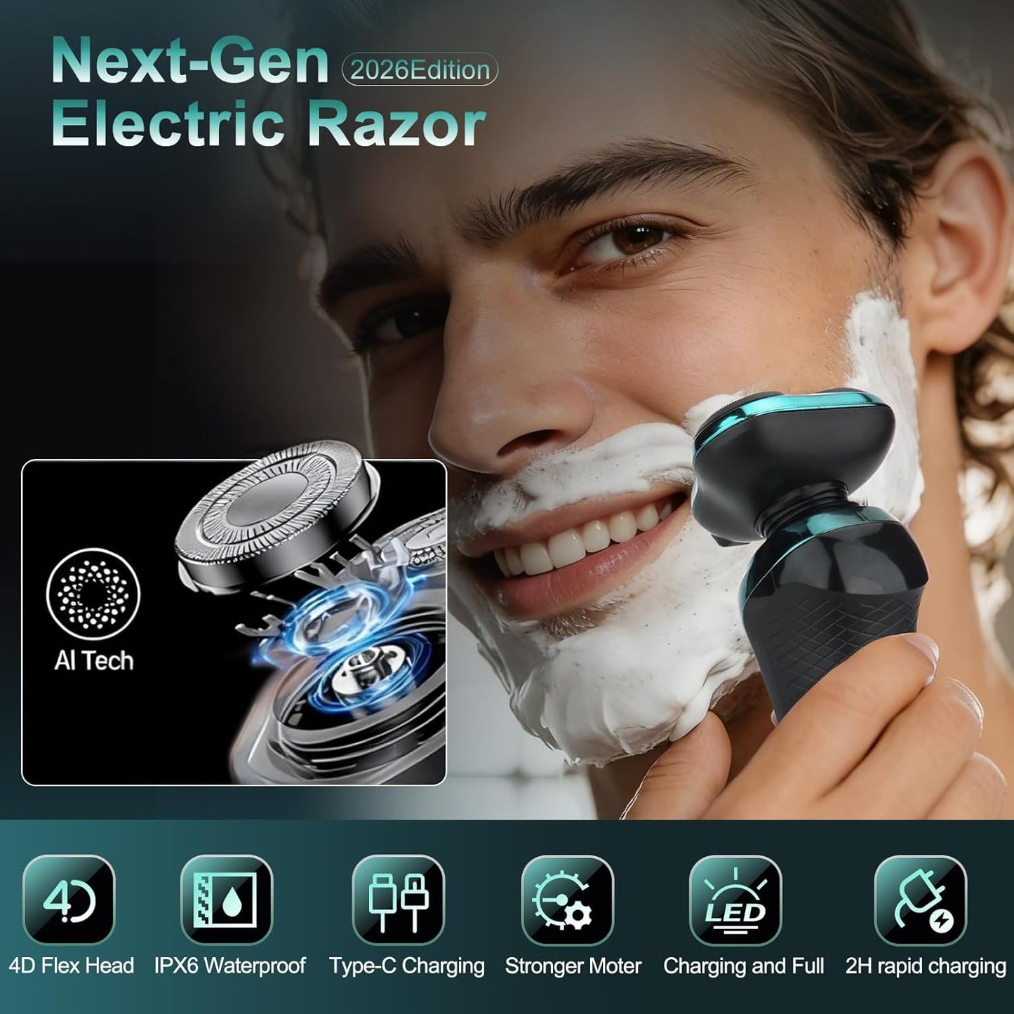 Electric Razor for Men, 4D Dual-Ring Floating Head Electric Shaver, IPX7 Waterproof Wet & Dry Shaver, USB-C Fast Charging 120Mins Long Runtime, Ergonomic Portable Travel Shaver, Ideal Gifts for Men