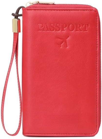 Unisex genuine leather wallet multifunctional RFID travel passport holder with protective cover (Red)