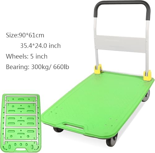 Heavy-Duty 4-Wheel Folding Hand Truck - High Capacity Rolling Platform Cart with Metal Handle & Plastic Deck, Ideal for Luggage, Moving, and Heavy Loads (Black)