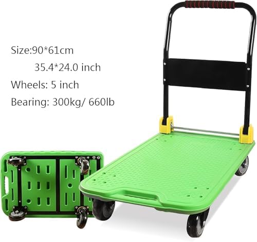 Heavy-Duty 4-Wheel Folding Hand Truck - Metal Handle & Plastic Deck, High Capacity Rolling Cart for Luggage, Moving, and Shopping - Portable Flatbed Trolley (Black)