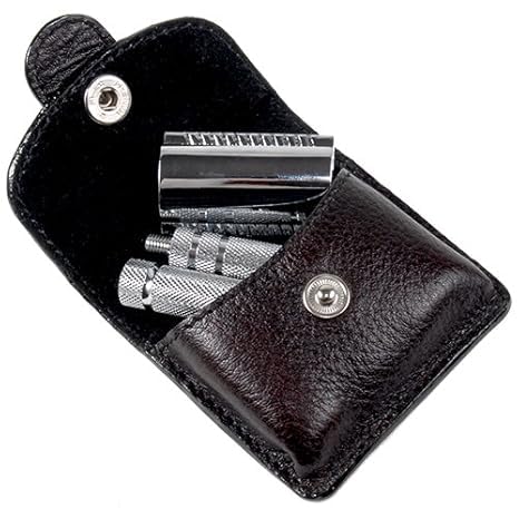 Parker A1R TRAVEL SAFETY RAZOR - Compact 4-Piece Double Edge Safety Razor with Protective Leather Case - Ideal for Everyday Use - Iconic Brand