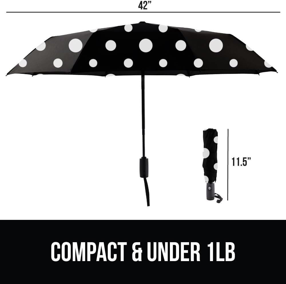 GORILLA GRIP Strong Windproof Stick Compact Umbrella for Rain, One-Click Automatic Open and Close, Durable Quick Dry Waterproof Material, Lightweight and Portable, Travel Size Fits Backpack Polka Dots