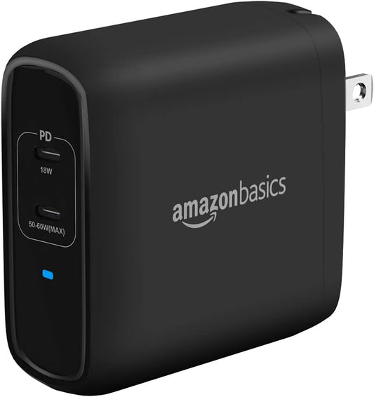 Amazon Basics 68W Two-Port GaN Wall Charger with 2 USB-C Ports (60W, 18W) with PD for Laptops, Tablets & Phones (iPhone 16/15/14/13/12/11/X, iPad, MacPro, Samsung, and More), Non-PPS, Black