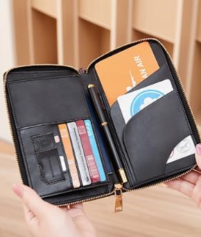 Unisex genuine leather wallet multifunctional RFID travel passport holder with protective cover (Black)