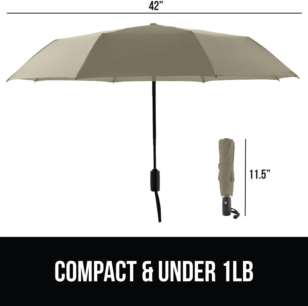 GORILLA GRIP Strong Windproof Stick Compact Umbrella for Rain, One-Click Automatic Open and Close, Durable Quick Dry Waterproof Material, Lightweight and Portable, Travel Size Fits Backpack, Beige