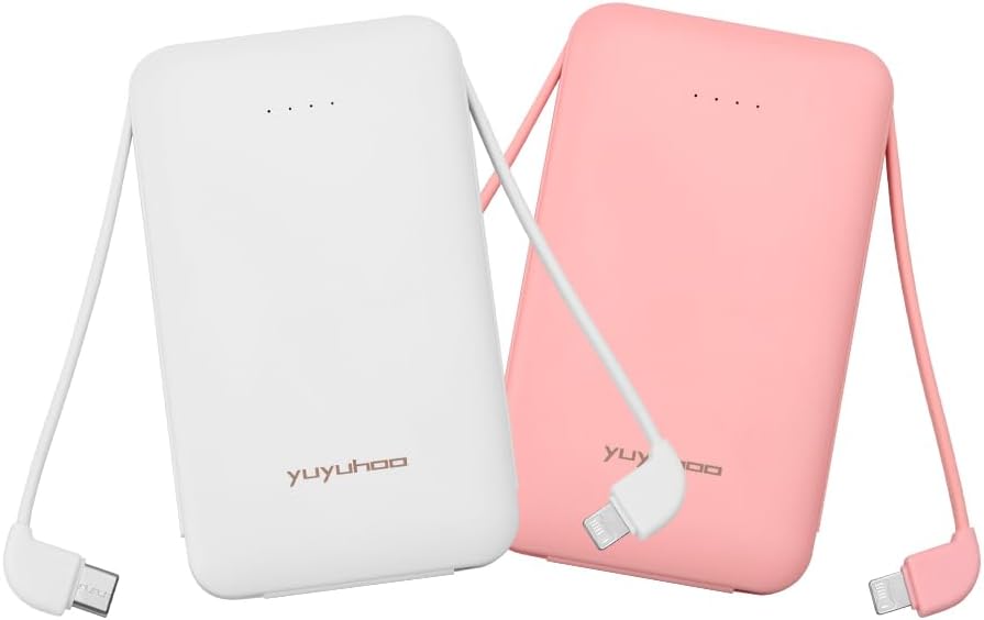 Portable Charger, Slimmest 5000mAh Portable Charger with Built in USB-C Cables, USB C in&out Charging Battery Pack, External Phone Powerbank Compatible with iPhone, Android, 2 Pack White & Pink