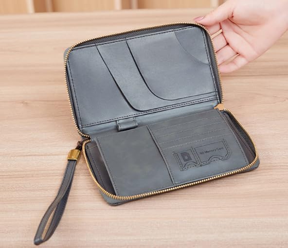 Unisex genuine leather wallet multifunctional RFID travel passport holder with protective cover (Grey)