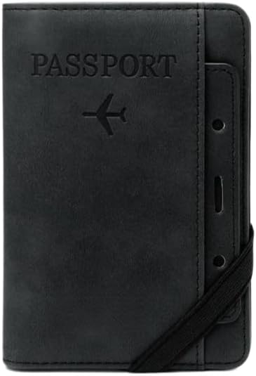 Unisex genuine leather wallet RFID shielding travel passport holder with card slots and pen holder (Black)
