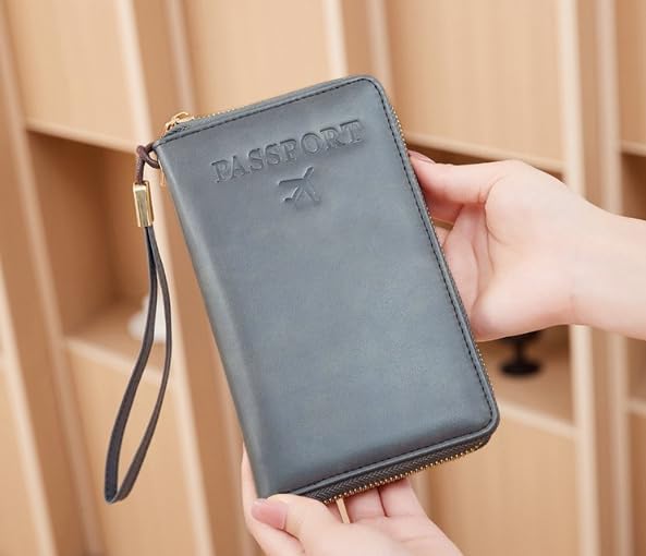 Unisex genuine leather wallet multifunctional RFID travel passport holder with protective cover (Grey)