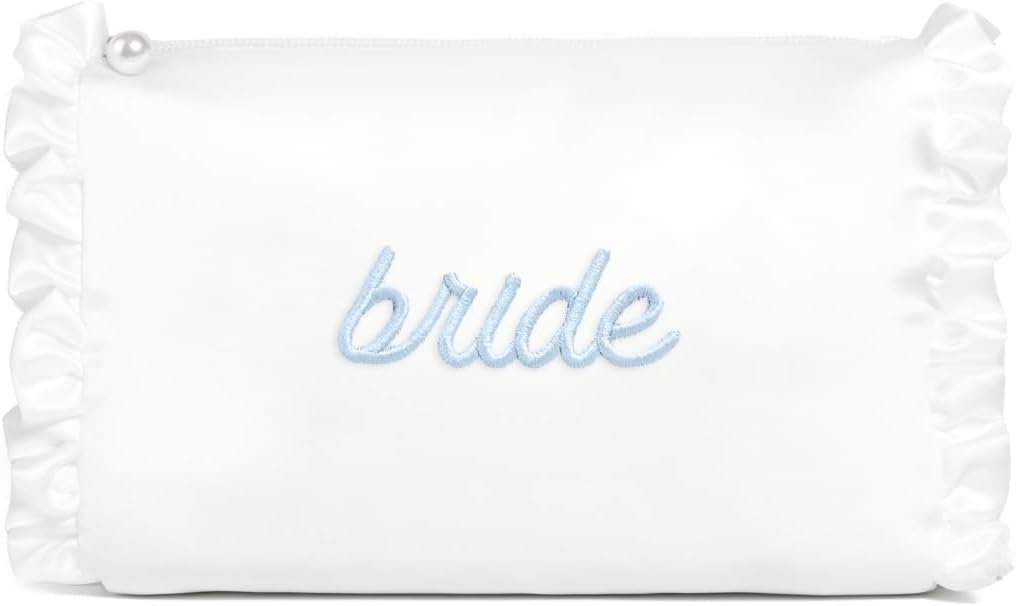 xo, Fetti White Satin Bride Cosmetic Bag | Bachelorette Party Decorations, Bride To Be Purse