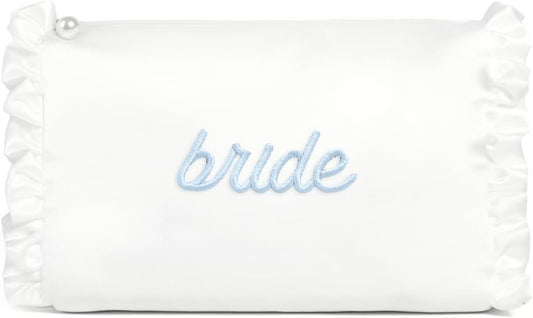 xo, Fetti White Satin Bride Cosmetic Bag | Bachelorette Party Decorations, Bride To Be Purse, Bridal Shower Accessory, GRWM Makeup Bag