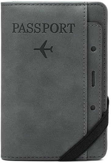 Unisex genuine leather wallet RFID shielding travel passport holder with card slots and pen holder (Grey)