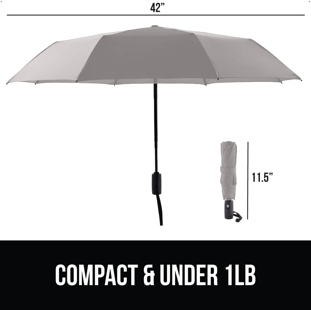 GORILLA GRIP Strong Windproof Stick Compact Umbrella for Rain, One-Click Automatic Open and Close, Durable Quick Dry Waterproof Material, Lightweight and Portable, Travel Size Fits Backpack, Gray