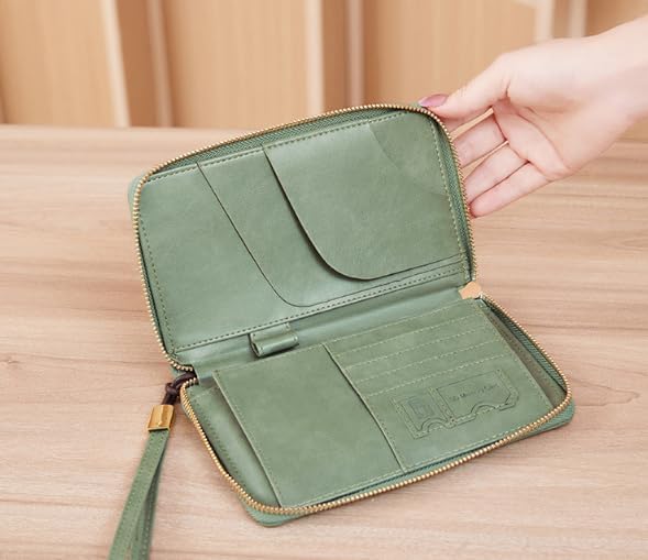 Unisex genuine leather wallet multifunctional RFID travel passport holder with protective cover (Green)