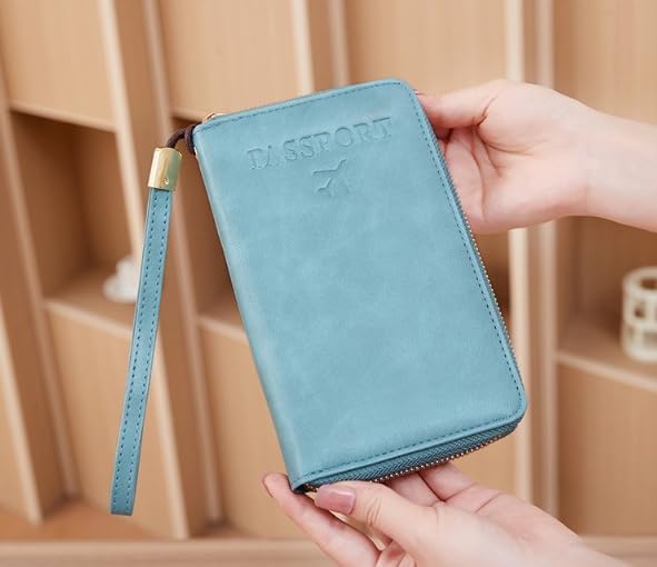 Unisex genuine leather wallet multifunctional RFID travel passport holder with protective cover (Blue)