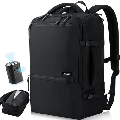 Dinictis Vacuum Seal Backpack 60L with Pump, Expandable Backpack with Vacuum Compression fits 17 inch Laptop, Waterproof Carry On Suitcase Luggage suit for Short Trip and Business-Black