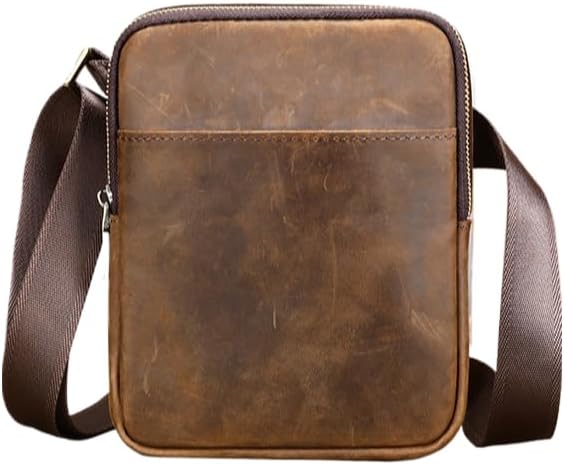 Men's Small Genuine Leather Messenger Bag Multi-Pocket Zipper Shoulder Bag Compact Mini Crossbody