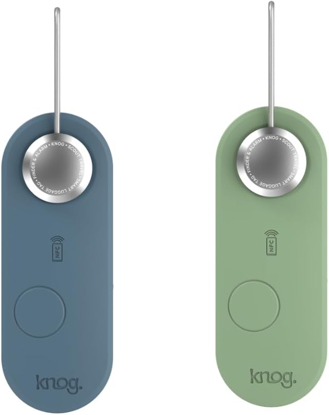 Knog Scout iOS Twin Pack Smart Tag, Tracker & 85dB Alarm – Rechargeable Luggage Tag Compatible with iOS App & Apple Find My, Digital Contact Info, Remote Chime, Water-Resistant, Blue/Green