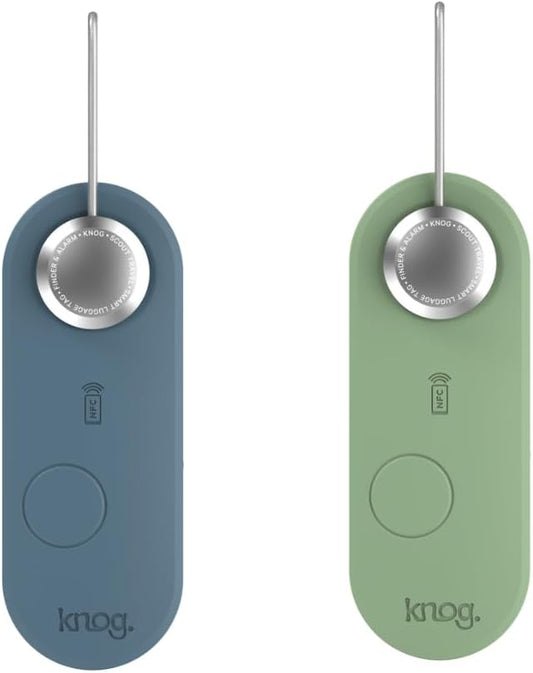 Knog Scout iOS Twin Pack Smart Tag, Tracker & 85dB Alarm – Rechargeable Luggage Tag Compatible with iOS App & Apple Find My, Digital Contact Info, Remote Chime, Water-Resistant, Blue/Green
