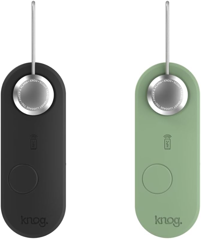 Knog Scout iOS Twin Pack Smart Tag, Tracker & 85dB Alarm – Rechargeable Luggage Tag Compatible with iOS App & Apple Find My, Digital Contact Info, Remote Chime, Water-Resistant, Black/Green