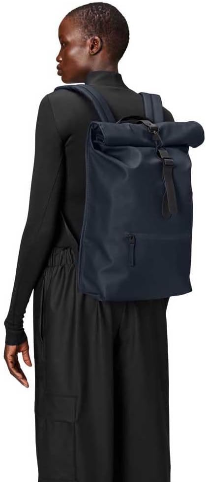 RAINS Rolltop Rucksack – Navy Waterproof Rolltop Backpack Water Resistant Water Repellent Commuter Travel Pack Urban Minimalist Design – 2 Year Warranty