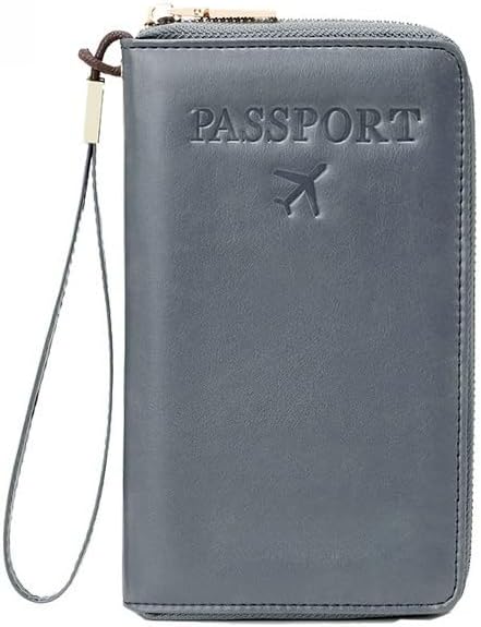 Unisex genuine leather wallet multifunctional RFID travel passport holder with protective cover (Grey)