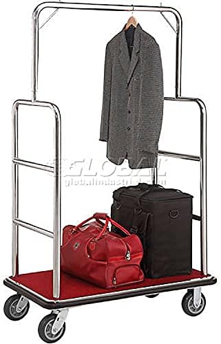 Global Industrial Silver Stainless Steel Bellman Cart, Straight Uprights, 6" Rubber Casters, 41-1/4"L x 24"W x 73"H, Hotel Luggage Cart for Commercial Use, Condos, Resorts