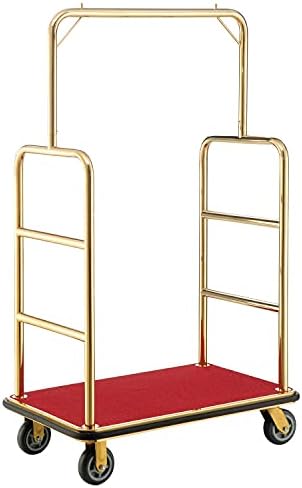 Global Industrial Gold Stainless Steel Bellman Cart Straight Uprights 6" Rubber Casters, 41-1/4"L x 24" W x 73" H, Hotel Luggage Cart for Commercial Use, Condos, Resorts