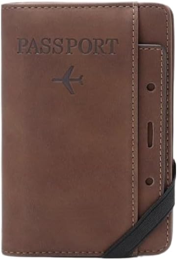 Unisex genuine leather wallet RFID shielding travel passport holder with card slots and pen holder (Coffee)