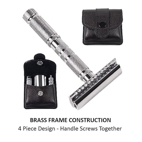 Parker A1R TRAVEL SAFETY RAZOR - Compact 4-Piece Double Edge Safety Razor with Protective Leather Case - Ideal for Everyday Use - Iconic Brand