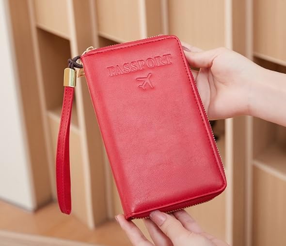 Unisex genuine leather wallet multifunctional RFID travel passport holder with protective cover (Red)