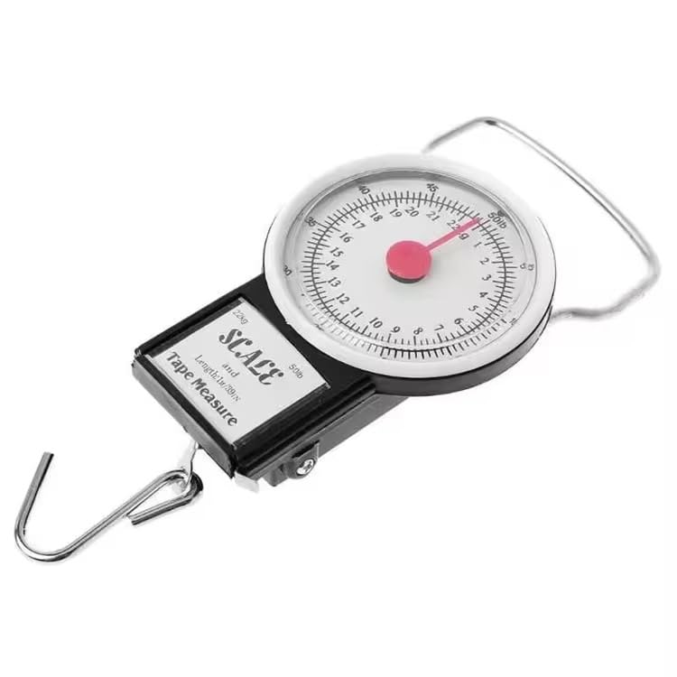 Mechanical Hanging Luggage Scale with Tape Measure – 22kg/50lb Portable Analog Dial Weight Scale for Travel Bags, Fishing, Household Use – Battery-Free, Durable Hook, Compact Design