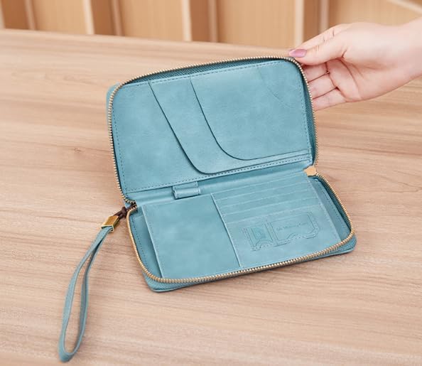 Unisex genuine leather wallet multifunctional RFID travel passport holder with protective cover (Blue)