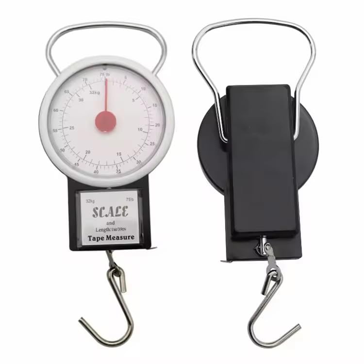 Mechanical Hanging Luggage Scale with Tape Measure – 22kg/50lb Portable Analog Dial Weight Scale for Travel Bags, Fishing, Household Use – Battery-Free, Durable Hook, Compact Design